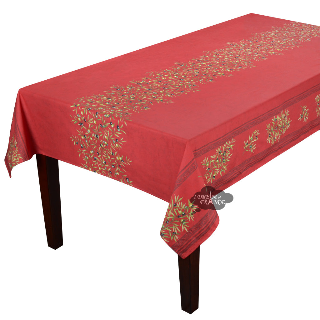 60x158" Rect Clos des Oliviers Red Double Border Acrylic-Coated Cotton Tablecloth by l'Ensoleillade
