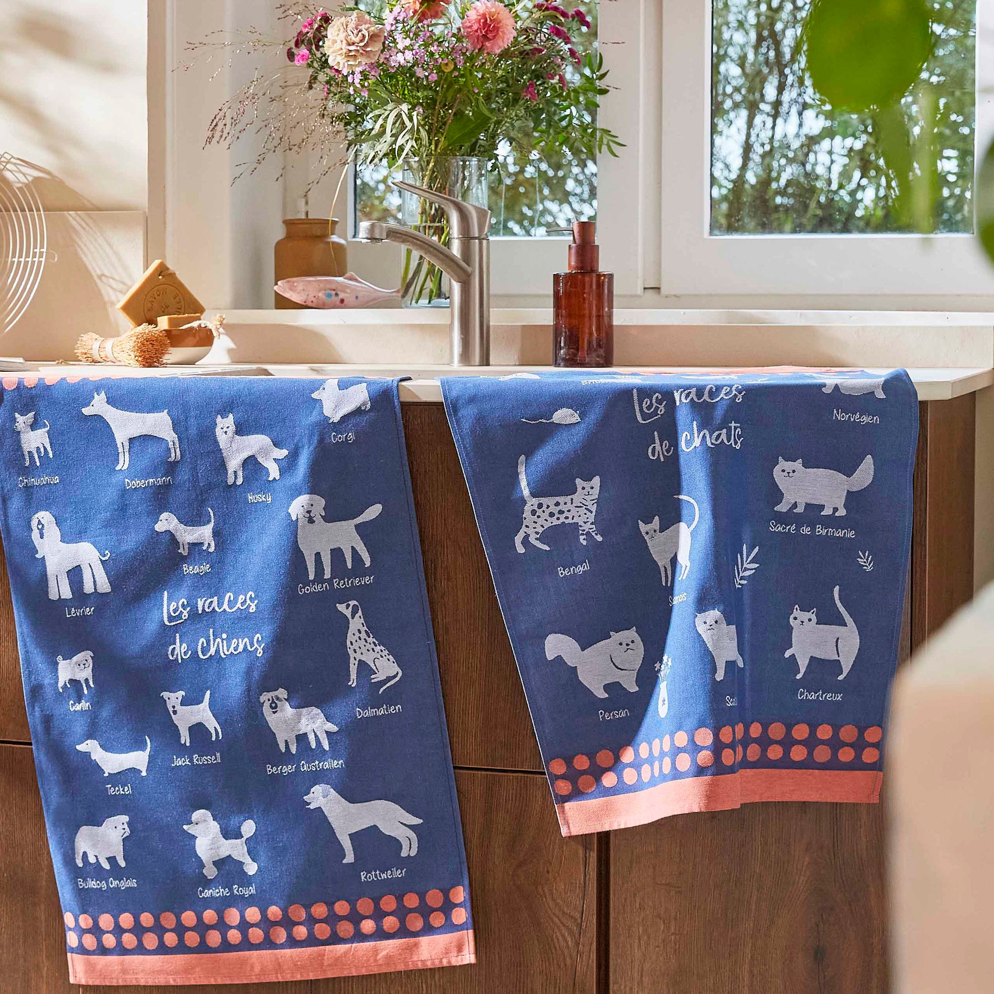 Races de Chats (Cat Breeds) French Jacquard Cotton Dish Towel by Coucke