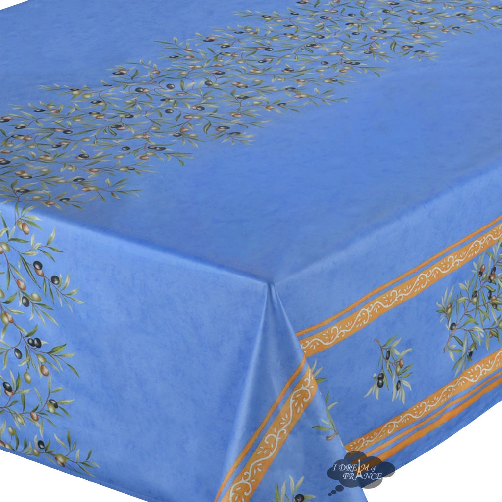 60x96" Rectangular Clos des Oliviers Blue Double Border Acylic-Coated Cotton Tablecloth by Label France
