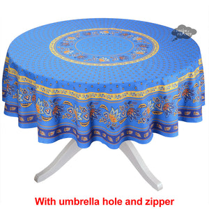 70" Round Lisa Blue French Country Acrylic-Coated Tablecloth by Le Cluny with Umbrella Hole and Zipper