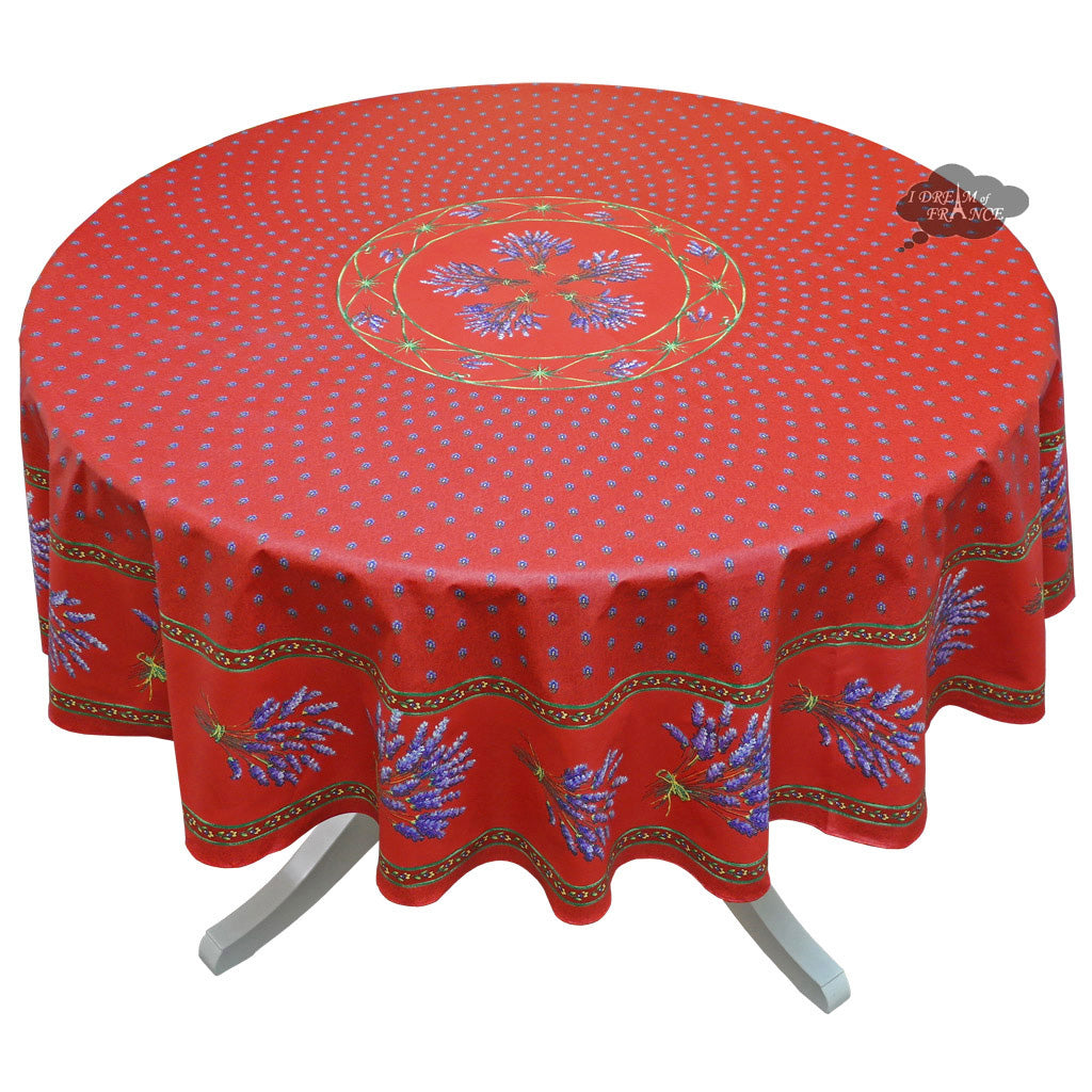 70" Round Lavender Red Acrylic-Coated Cotton Provence Tablecloths by Le Cluny