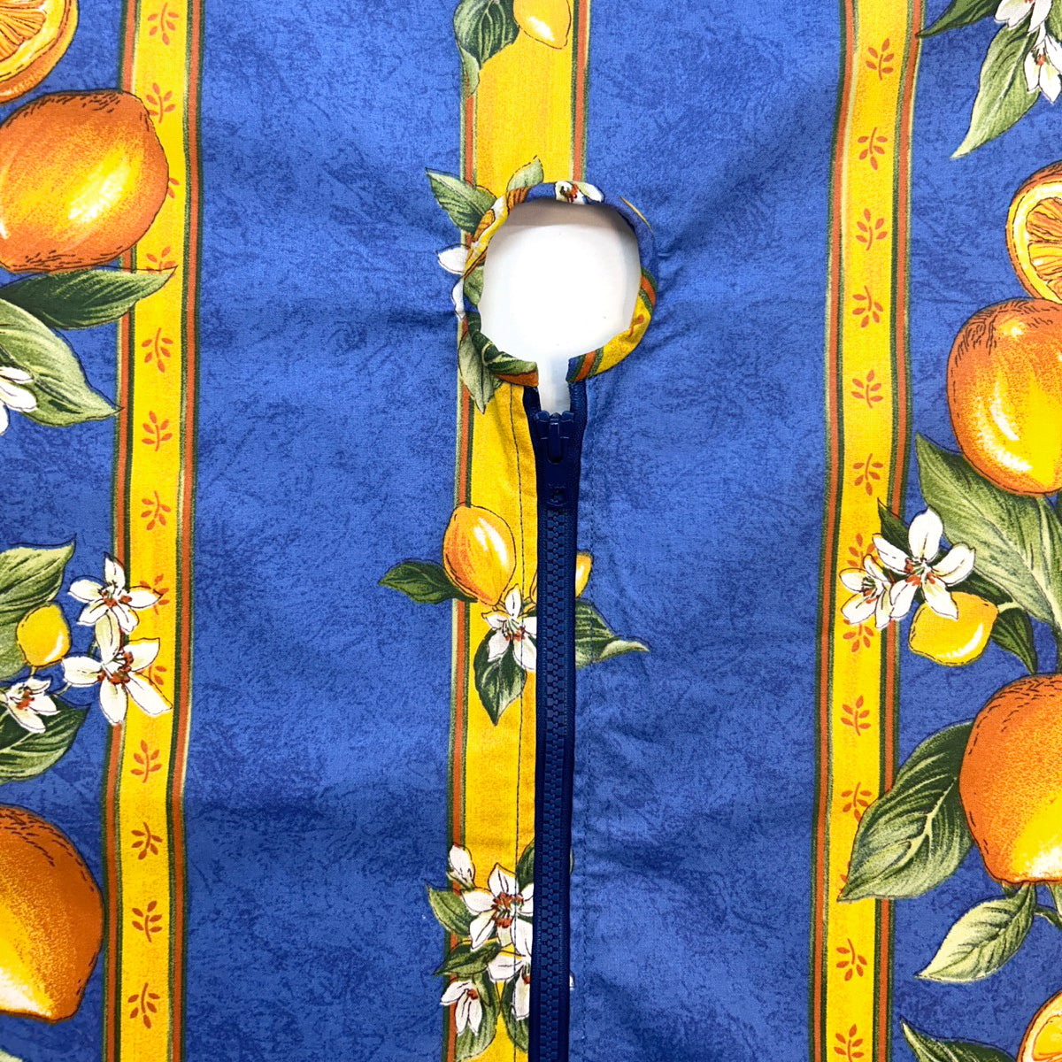 58" Round Lemons Blue Acrylic Coated Cotton Tablecloth by Tissus Toselli with Umbrella Hole and Zipper