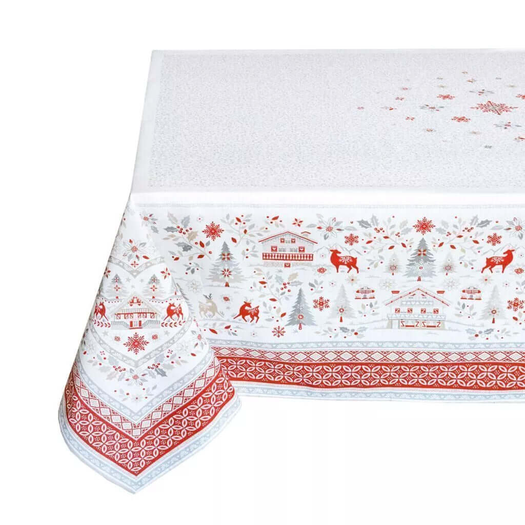 60x96" Rectangular Mistletoe Red & Gray Acrylic Coated Cotton Tablecloth by Tissus Toselli