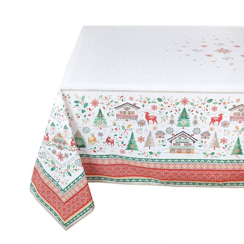 60x96" Rectangular Mistletoe Red & Green Acrylic Coated Cotton Tablecloth by Tissus Toselli