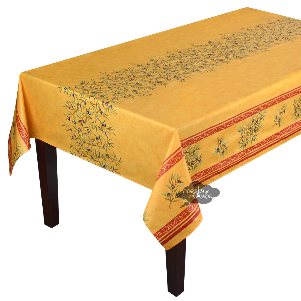 60x78" Rectangular Clos des Oliviers Yellow Double Border Acrylic-Coated Cotton Tablecloth by Label France