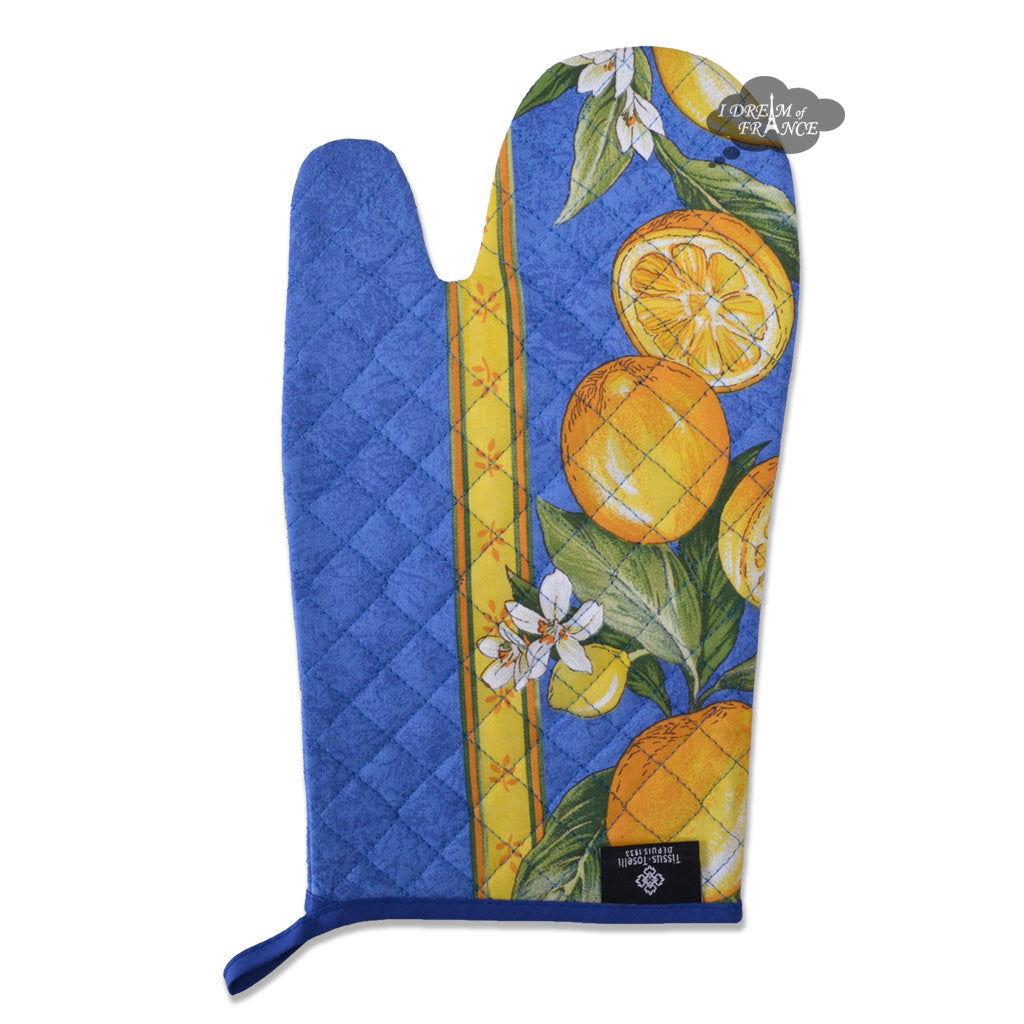 Lemons Blue French Cotton Oven Mitt by Tissus Toselli