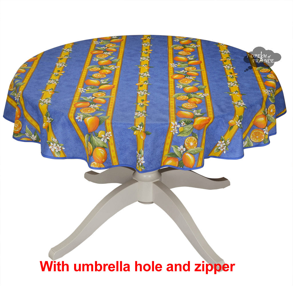 58" Round Lemons Blue Acrylic Coated Cotton Tablecloth by Tissus Toselli with Umbrella Hole and Zipper