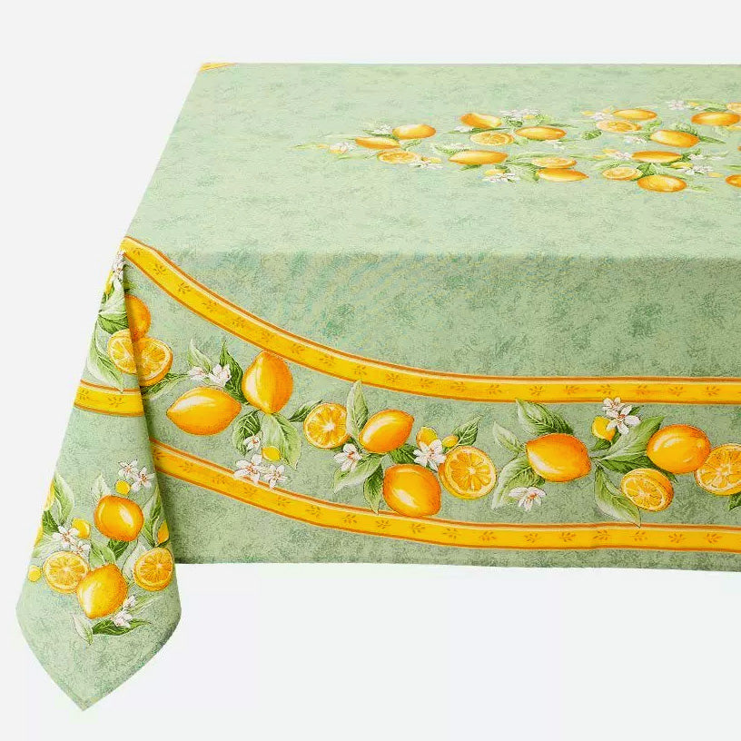 60x 96" Rectangular Lemons Green Acrylic-Coated Cotton Tablecloth by Tissus Toselli