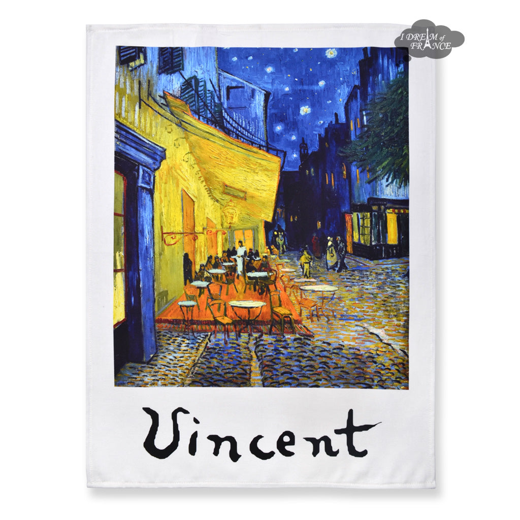 Cafe Terrace at Night by Vincent Van Gogh French Cotton Kitchen Towel by L.R. Creations