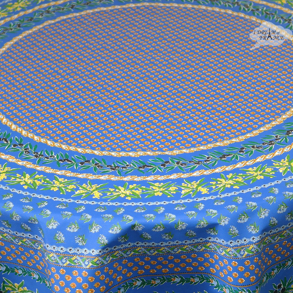 70" Round Olives Blue Cotton Coated Provence Tablecloth Close Up