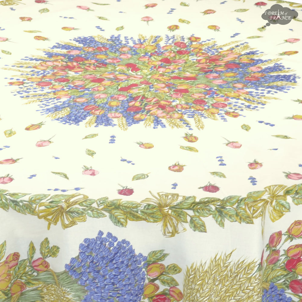 90 Round Roses And Lavender Acrylic Coated Cotton Tablecloth By Tissus I Dream Of France 2208