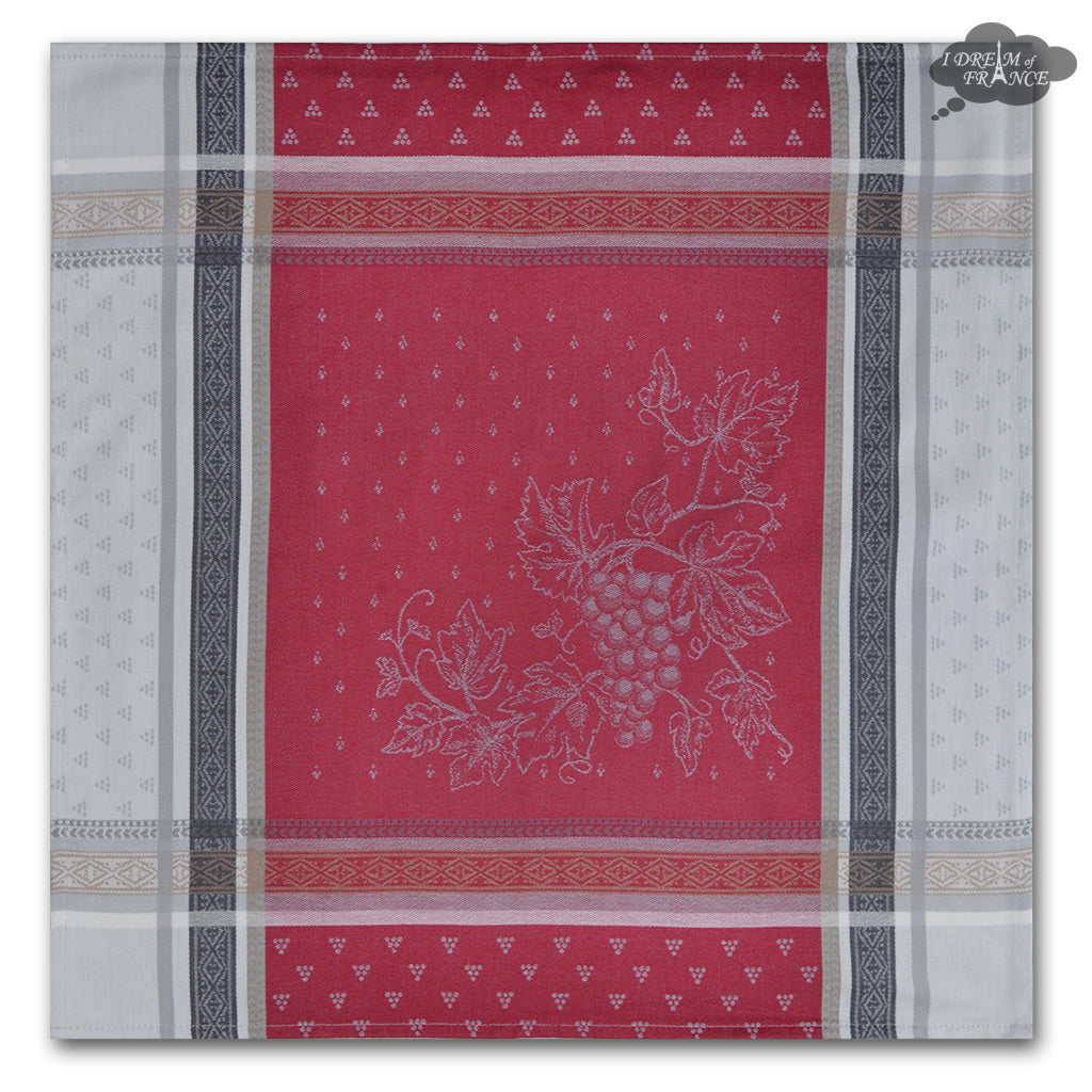 Winery Red & Gray French Cotton Jacquard Dish Towel by Tissus