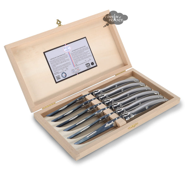 French Modern Jean Dubost Laguiole Stainless Steel Steak Knives - Set of 6