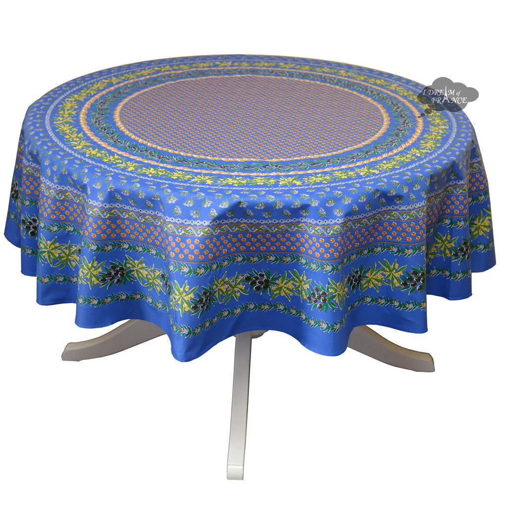 70" Round Olives Blue Cotton Coated Provence Tablecloth by Le Cluny