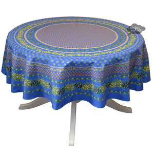 70" Round Olives Blue Cotton Coated Provence Tablecloth by Le Cluny