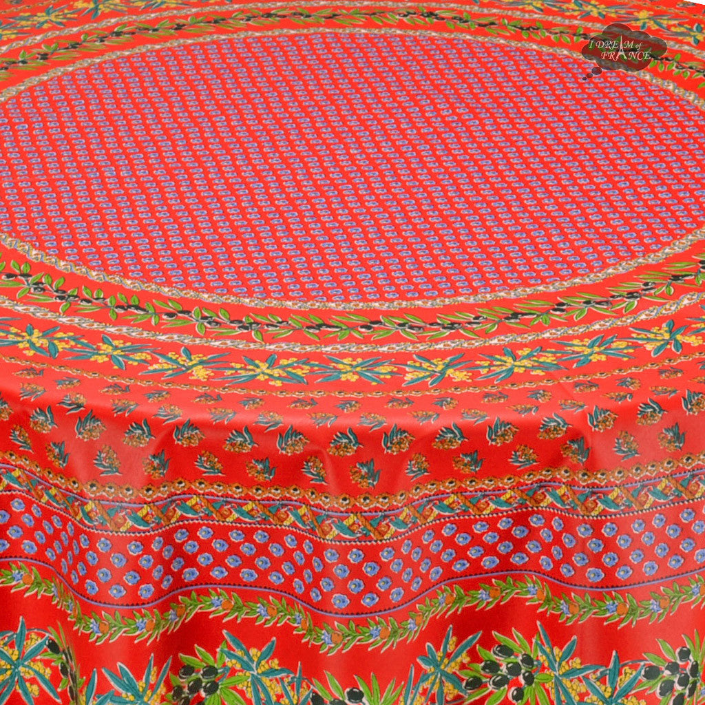 70" Round Olives Red Cotton Coated Provence Tablecloth by Le Cluny - Close up