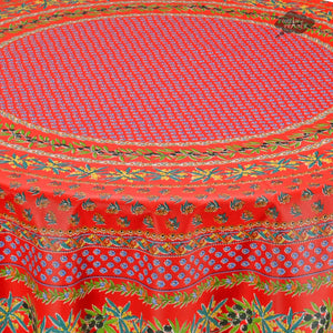 70" Round Olives Red Cotton Coated Provence Tablecloth by Le Cluny - Close up