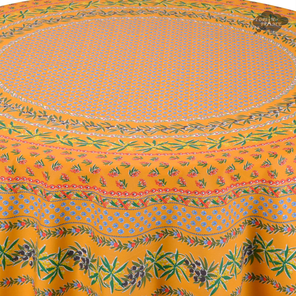 70" Round Olives Yellow Cotton Coated Provence Tablecloth by Le Cluny