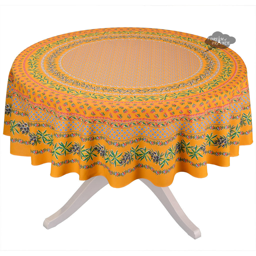 70" Round Olives Yellow Cotton Coated Provence Tablecloth by Le Cluny