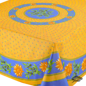 70" Square Sunflower Blue Cotton Coated Provence Tablecloth by Le Cluny