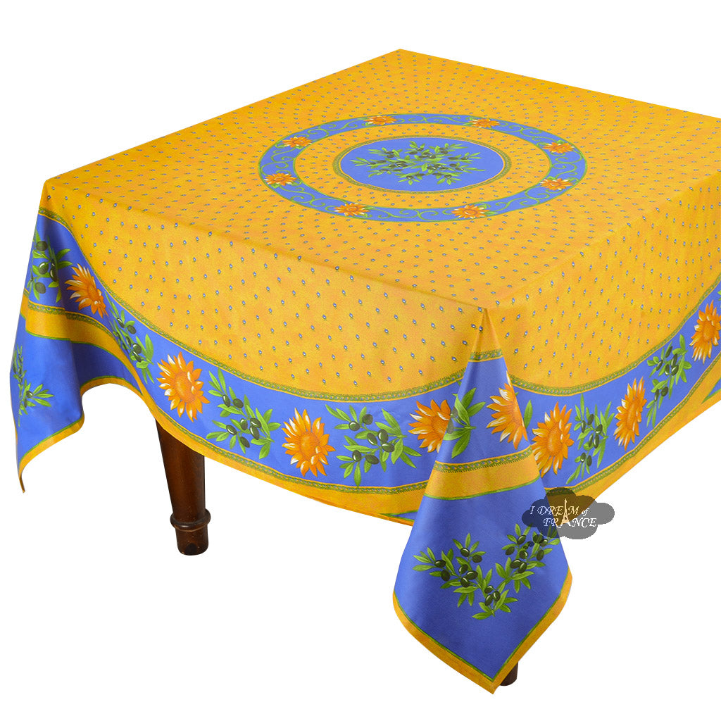 70" Square Sunflower Blue Cotton Coated Provence Tablecloth by Le Cluny