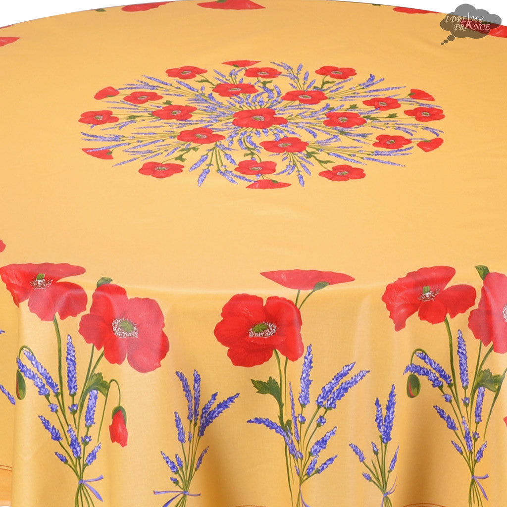 70 Round Poppies Yellow Acrylic Coated Cotton Tablecloth By Tissus Toselli I Dream Of France 3573